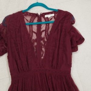 Burgandy lace maxi dress romper. Deep v neck.